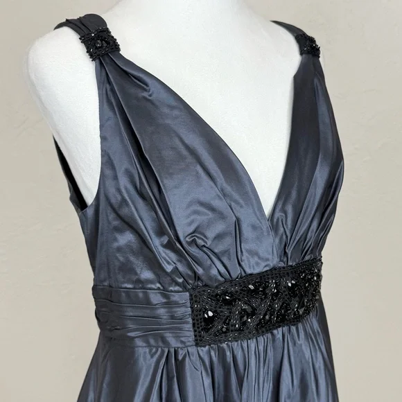 Rickie Freeman Teri John Silk Bead Embellished Silvery Blue Sleeveless Gown 12 - Picture 6 of 12